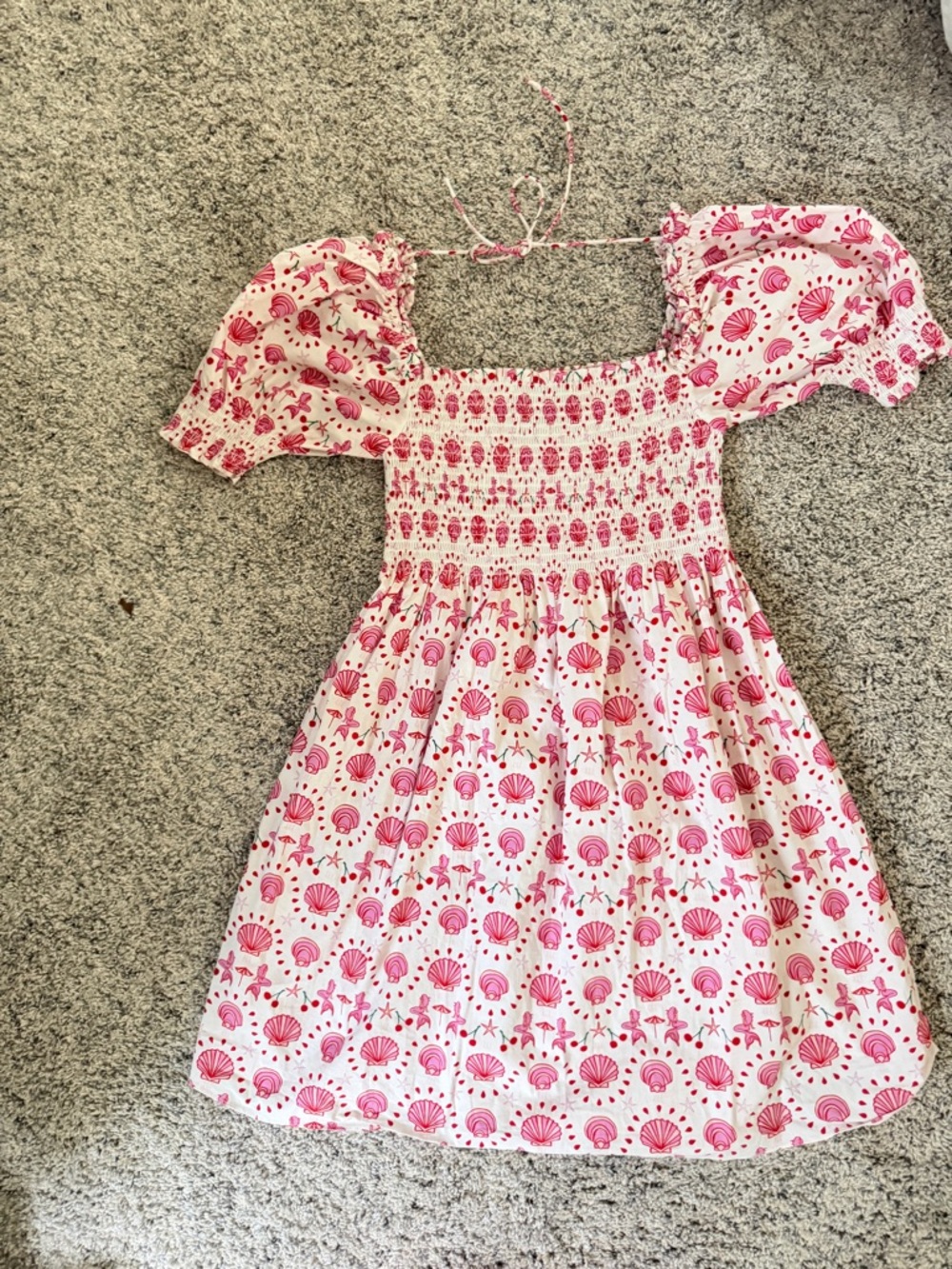 Hill House Pink and White Shell-Print Smocked Dress